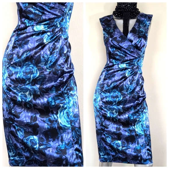 ReTro Floral Academia Vibrant Evening Cocktail Ruching Sleeveless Midi Dress - Picture 7 of 9